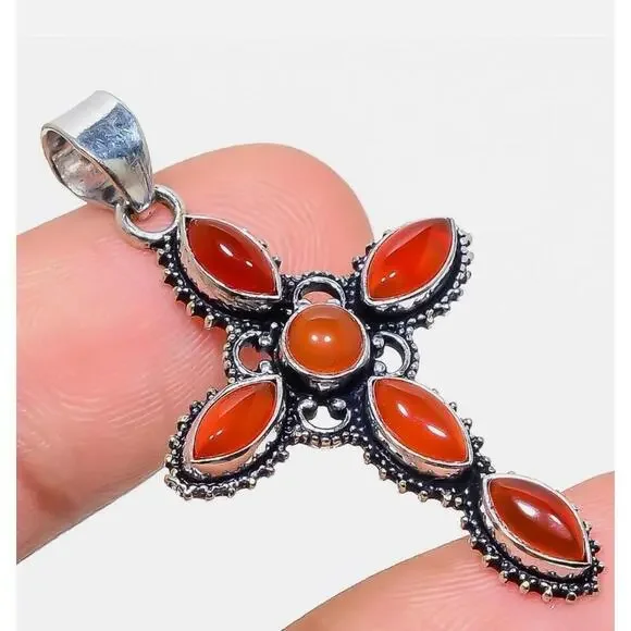 925 Sterling Silver Carnelian cross Necklace Gemstone Womens Jewelry handmade - Picture 4 of 10